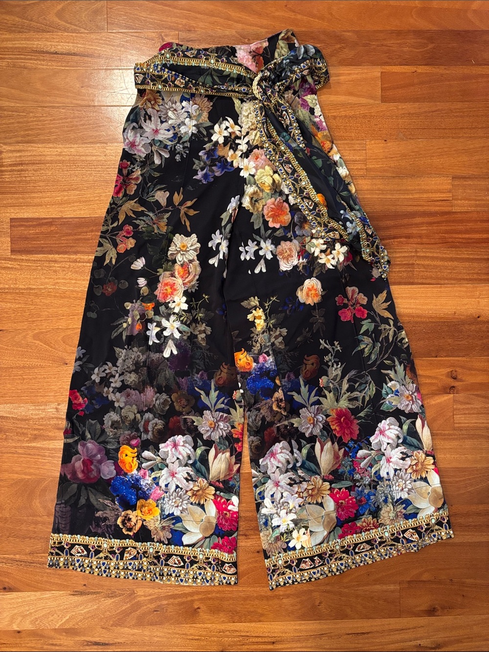 Floral Wide-Leg Jumpsuit Pants in Black